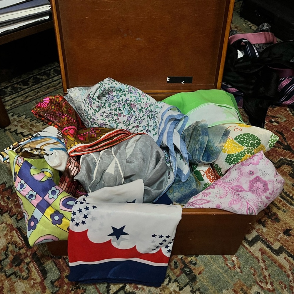 Large Wooden Box with Vintage Scarf Lot